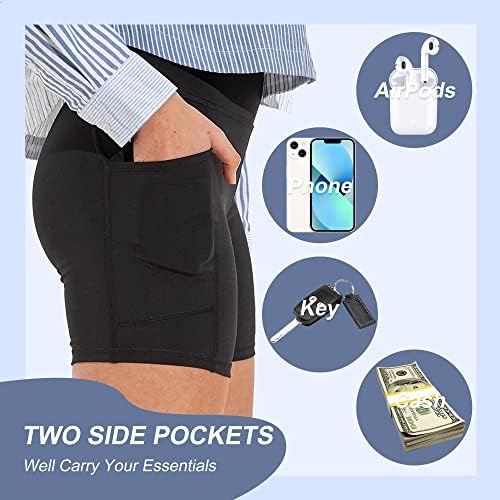 Shorts de motociclista de acampamentos com bolsos-5 Alta cintura Spandex Spandex Control Gym Ginidicultura que executa shorts