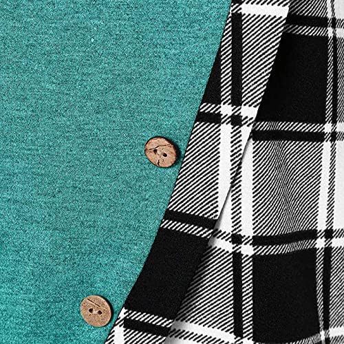 Pullover assimétrico de manga comprida para mulheres com botão xadrez de moletom de túnica de túnica de túnica de capota casual