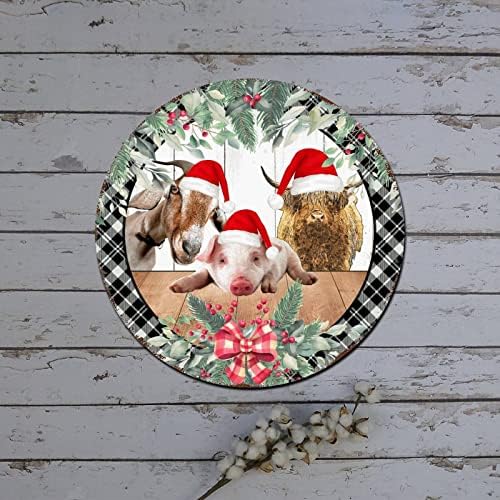Feliz Christmas Door sinal de fazenda Animal Vaca Papai Noel Hat de madeira Redonda de metal redonda Metal Lin Sign ao ar
