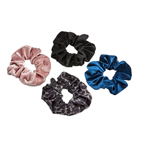 O conjunto de presentes de veludo de luxo original do Scrunchie® inclui 4 scrunchies exclusivos: Leopard, preto, rosa, cerceta na caixa de apresentação de acrílico