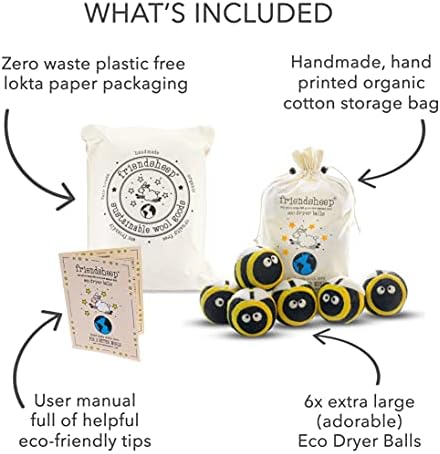 Bolas de secador de lã FriendSheep 6 pacote xl Crueldade reutilizável de orgânica Premium Fair comércio fair comércio