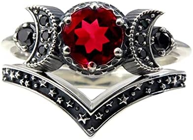 Deusa tripla anel da lua, presentes de jóias de ametista vermelho para mulheres meninas, fases da lua, boêmio, cigano, anel gótico