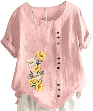 Camisas de linho de algodão para feminino verão t-shirt tamis de manga curta Blouse Blouse Tees Floral Print Tunics Top Top