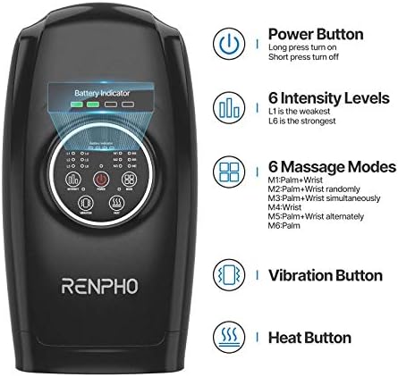 Massageador de mão renpho com calor, máquina de massager sem fio com 6 níveis de compressão de massagem e intensidade