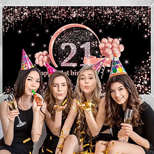 Decorações de 21º aniversário para mulheres, suprimentos de decoração de festa de aniversário de 21 anos, ouro rosa e rosa feliz 21 anos de aniversário