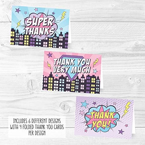 24 Cartões de agradecimento de super -herói rosa com envelopes, garotas infantis festas de aniversário ou suprimentos