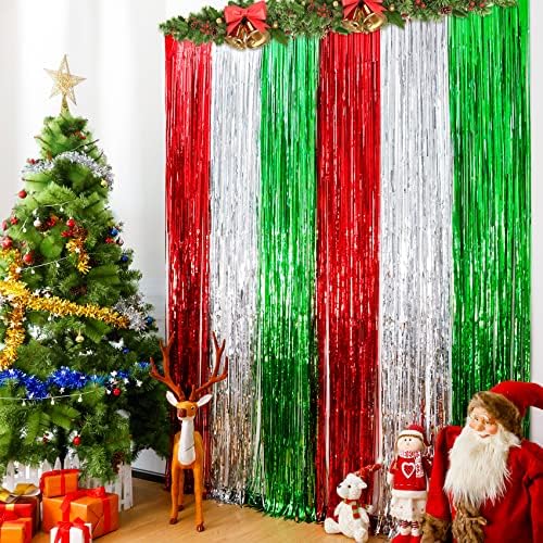Lansian 2 embalagem Decoração de Natal Caso -pano de fundo Red Silver Green Tinsel Finge Fringe Cortans para Booth Phoice