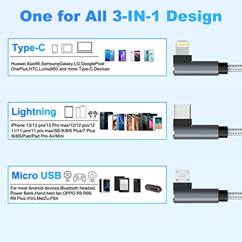 90 graus Multi USB Universal Iphone Chave de 3m/10ft, 3 em 1 USB para Lightning+Tipo C+Micro USB Nylon Siniculativo