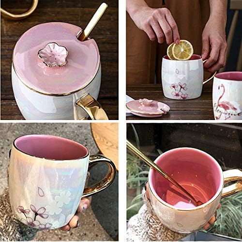 Canecas de cerâmica de flamingo rosa rosa com tampa e colher caneca de café de porcelana elegante para mulheres