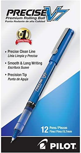 Piloto Precise V7 Stick Boll Ball Stick Ball Stick, tinta azul de ponto fino, 12-pacote e canetas de bola de rolagem