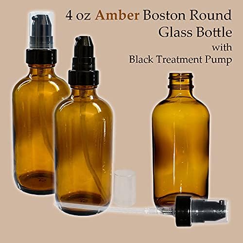 GBO Glassbottleoutlet.com 4 oz. Amber Boston Round com bomba de tratamento preto