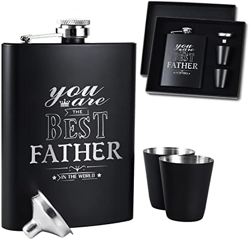 Os melhores frascos de pai para licor para homens 8oz - Presentes do Dia dos Pais -18/8 Aço inoxidável gravado Frasco engraçado com 2 xícaras e caixa de presente de funil