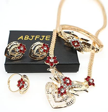 Abjfje moda jóias de casamento de cristal conjunto de pingente de flor vermelho colar de gargantilha e brindes de anel de anel de branqueamento para mulheres presentes de vestido de festa feminina