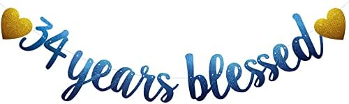 34 anos Banner abençoado, guirlandas de papel de brilho azul e pré-amarrado para suprimentos de decoração de festas de aniversário de 34 anos/aniversário, sem remoção de amostragem, Sunbetterland azul Sunbetterland