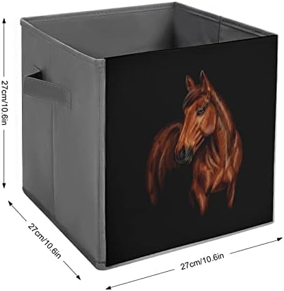 Retrato Cavalos Caixas de armazenamento dobrável Caixas de cubos de tecido de tecido com alças para brinquedos de roupas, 11x11x11