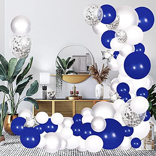 Kit de guirlanda de balão azul marinho, confete metálico prateado e kit de arcos de balões brancos com balão de estrela de foil para