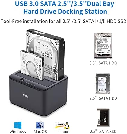 Estação de ancoragem do disco rígido de alumínio SSK, USB 3.0 para SATA Dual Bay Bay Externo HDD Dock Caddy Reader para 2,5 e 3,5 polegadas SATA HDD SSD, com UASP offline cloner/Duplicator função preto