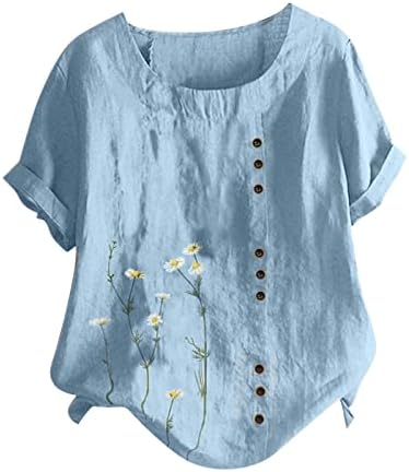 Camisas de botão de algodão para mulheres camiseta feminina de algodão topo solto fit impressão casual manga curta feminina V