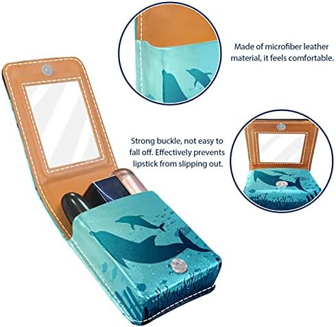 Blue Ocean Whale Pattern Batom Case Batom Box Solder com espelho, bolsa de brilho labial portátil, kit de armazenamento cosmético