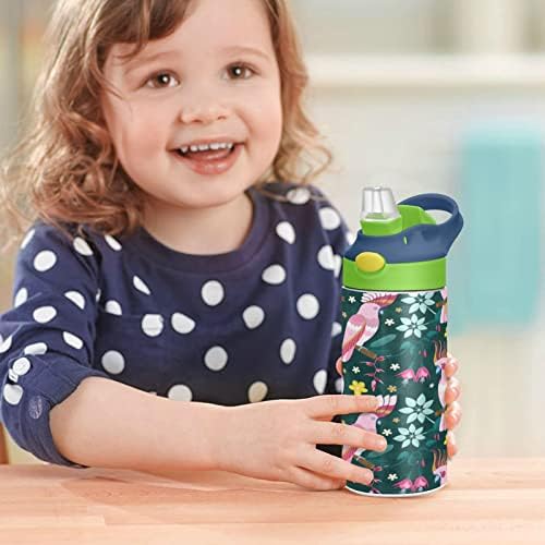 Papagaios exóticos garrafa de água infantil, garrafa de água de aço inoxidável isolada de vácuo sem BPA com palha de tampa