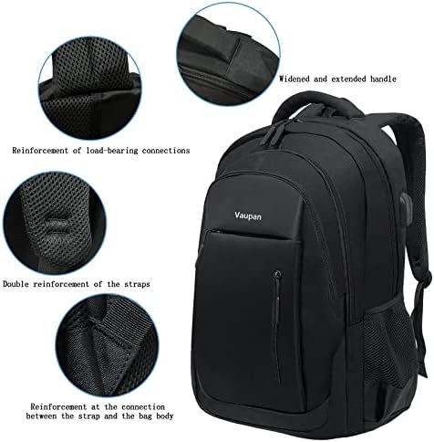 Mochila de laptop de viagens de Vaupan, mochila comercial durável com porta de carregamento USB e interface de fone de ouvido, presentes de bolsa de computador resistentes à água para homens, encaixam notebook de 15,6 polegadas, preto