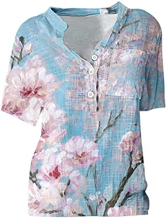 Blusa de linho feminina Tunic Summer Sanve Shirts T Camisetas Flores Tees gráficos impressos Camisa de botão de manga curta com bolsos