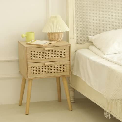 Awasen NightStand com 2 gavetas, mesa lateral de vime com armazenamento para quarto, mesa final moderna com pernas de madeira maciça para sala de estar, noz natural