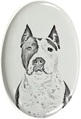 Amstaff, lápide oval de azulejo de cerâmica com uma imagem de um cachorro