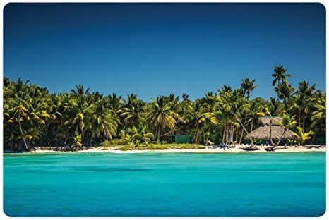 Tapete de animais de estimação do oceano lunarável para comida e água, foto de uma praia tropical com palmeiras e areia do oceano marinho paraíso