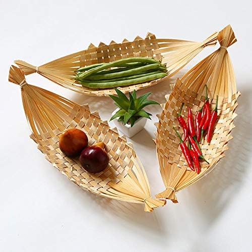 Placa de frutas tecidas de bambu, cesta de sobremesa, formato de barco de laço de alimentos, cor criativa de cesta de comida