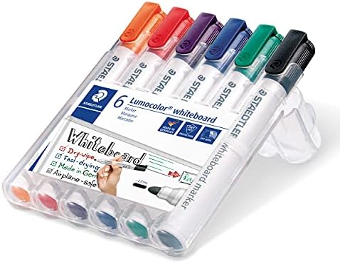 Staedtler 351 Lumocolour Whiteboard Marker com ponta de bala - cores variadas, pacote de 6