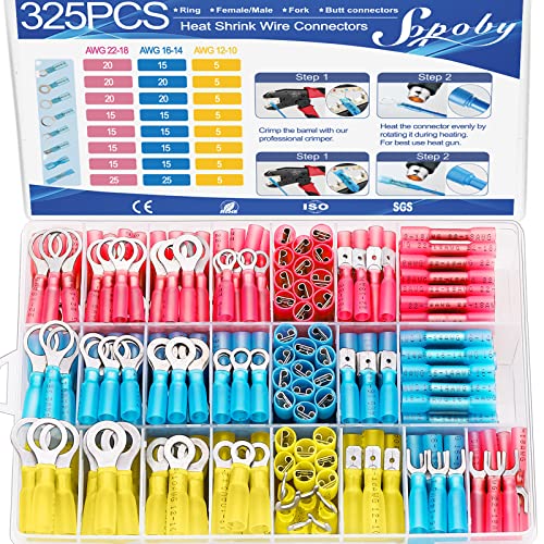 325pcs de grau marítimo conectores de fio de encolhimento de calor - Kit de conectores elétricos de sopoby de cobre vermelho enlatado,