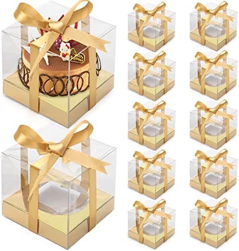 Anglecai 12 Pacote de cupcakes de plástico transparente, recipientes de cupcake de cupcake único de 3,5 polegadas de ouro, caixa