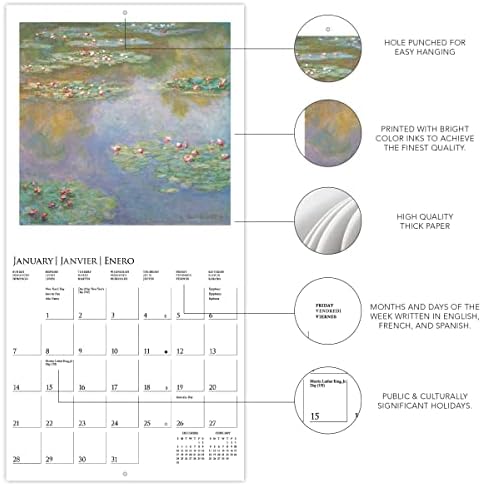 Graphique 2024 Monet Mini Wall Calendário | 7 ”x 7” | Papel grosso | Organizador de casa e escritório | Grande grade mensal | 3 idiomas e feriados marcados | Página de visualização de 4 meses para 2025