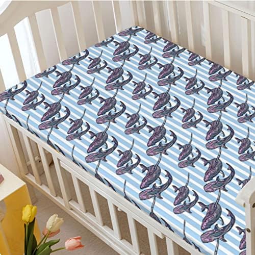 Folhas de berço com temas de baleias, lençóis de berço portáteis lençóis de berço portáteis lençóis de colchão para meninas para menina ou menino, 24 “x38“, lilás branco azul bebê
