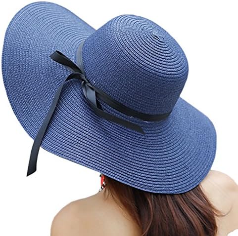 Itopfox feminino Big Brim Sun Hat Hat Fluppy dobrável Bowknot Straw Hat Summer Beach Chapéu