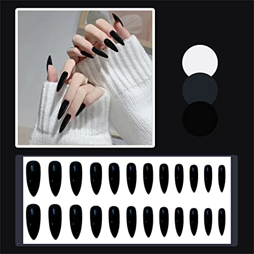 24pcs preto preto preto preto completo capa completa amêndoa impressa em unhas com cola para mulheres e meninas unhas art manicure decoração