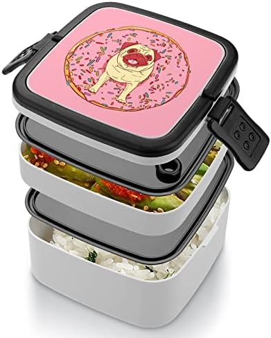 Pug Donuts lancheira Box portátil Bento Box de camada dupla de grande capacidade Recipiente de alimentos de alimentos com colher