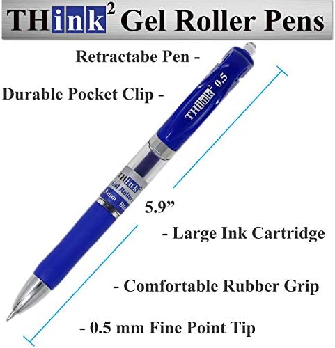 Think2Master [24 canetas - tinta azul] pense2 Canetas de gel retrátil. Canetas de rollerball de ponto fino com aperto de conforto.