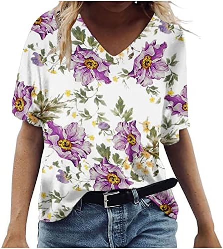 Garotas adolescentes Deep V pescoço de algodão Floral Foled Fit de grandes dimensões Camisa de primeira linha casual para mulheres