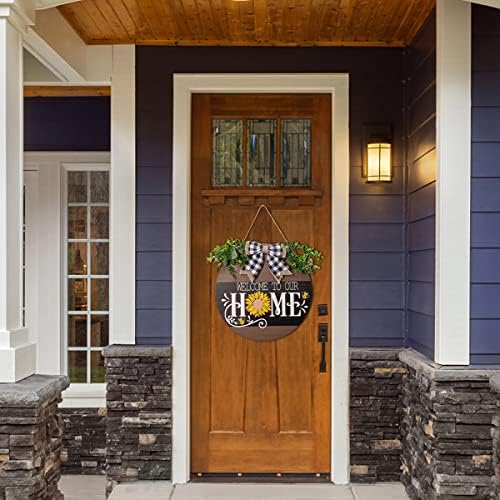 Sinal de boas -vindas para a porta da frente para casa, girassol laerjin redondo placas de madeira decoração da porta
