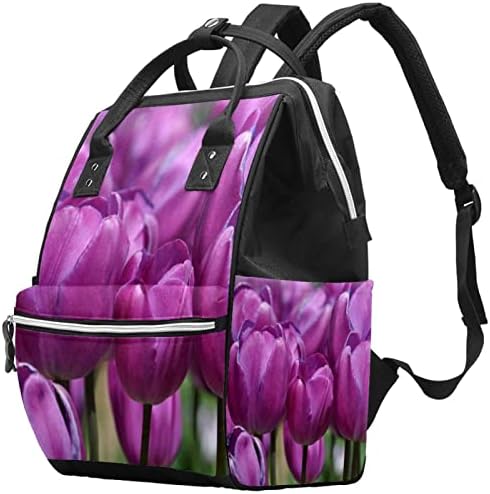 Tulipas roxas Flor Bloom Backpack Backpack Baby Nappy Changing Sacos Multi Função Bolsa de Viagem de Grande Capacidade