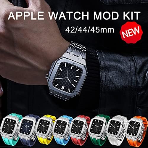 Caixa de metal de aço de 42 mm Cnhkau de 42 mm+alça para Apple Watch 7 Fluorine Rubber Band 44mm Mod Set Iwatch Series 6 SE 5 4 Kit