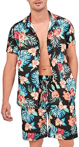 Kojooin Hawaiian Sets Summer Beach Button Down Camisa e shorts Roupeta tropical casual Conjunto de 2 peças