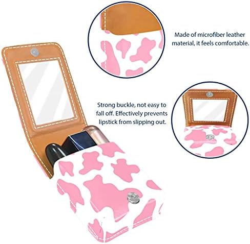 CARTO CASA DE VACA PLACA PRINCA PINK BATUTCH Caixa de batom com espelho, bolsa de brilho labial portátil de viagem, kit de armazenamento cosmético de couro impermeável para bolsa