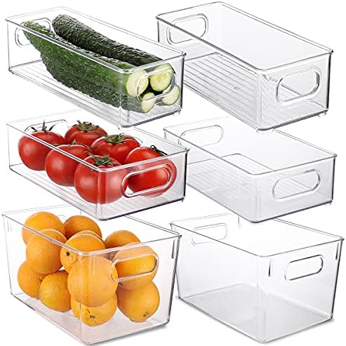 Lixeiras organizadoras de geladeira, organização clara de despensa e armazenamento com alças de recorte, conjunto de 6 caixas de organizador