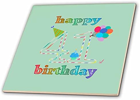 3drose feliz 41º aniversário, cupcake com vela, balões, chapéu, colorido - azulejos