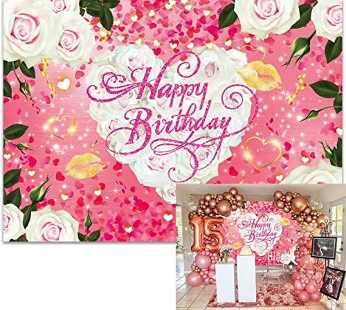 Binqoo 7x5ft rosa aniversário floral fotografia rosa pano de fundo doce meninas mamãe flores rosa branco amor mãe coração cor de rosa Mulheres 30º 40º aniversário decoração de festa suporte