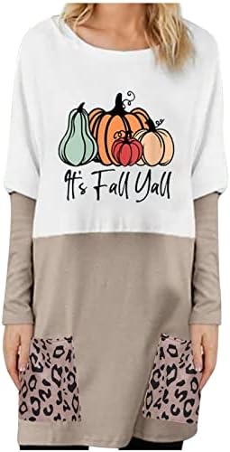 É o outono de túnica de túnica para mulheres engraçadas de letra de abóbora impressão camisetas coloridas blusas de retalhos de retalhos de coloração camisa de bolso