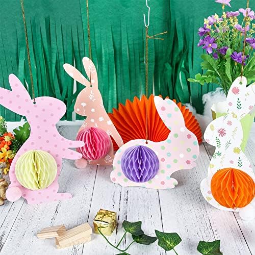 Easter Party DeCoartions Bunny Eggs Decorações de festa penduradas, inclua Banner de Páscoa feliz com ornamentos de favo de mel 3D de coelho